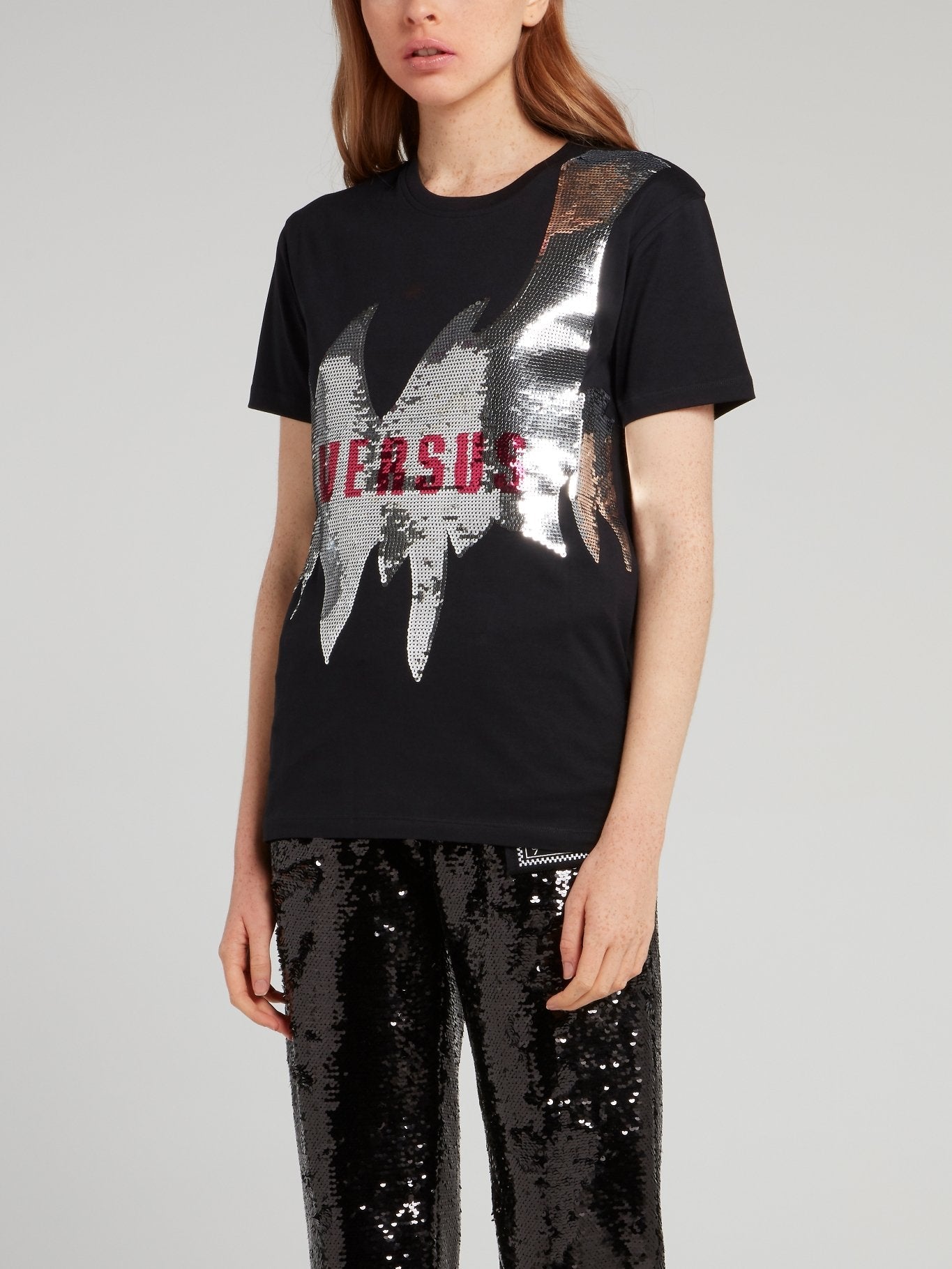 Black Sequin Embellished Logo T-Shirt