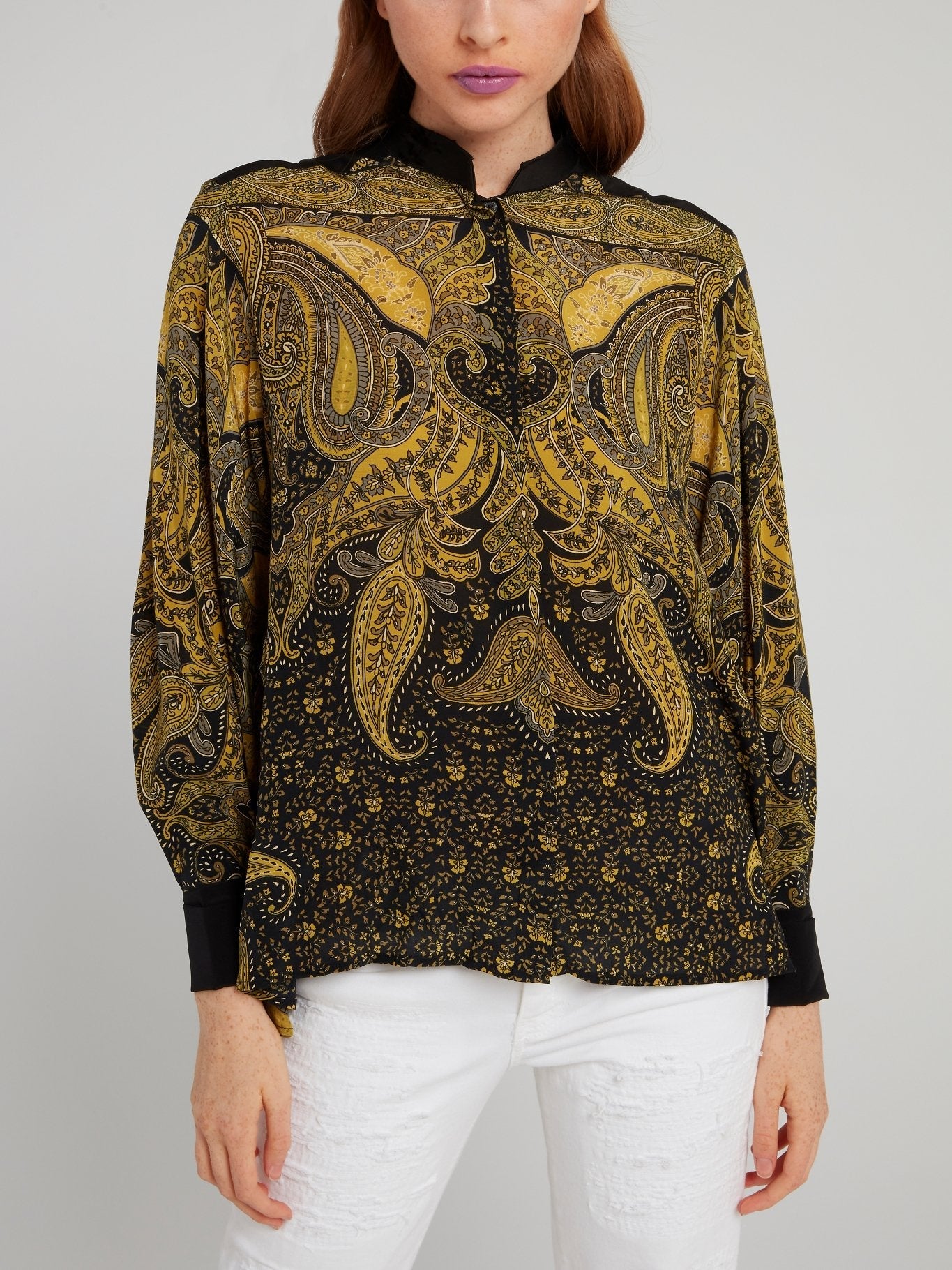 Yellow Baroque Print Crepe De Chine Shirt