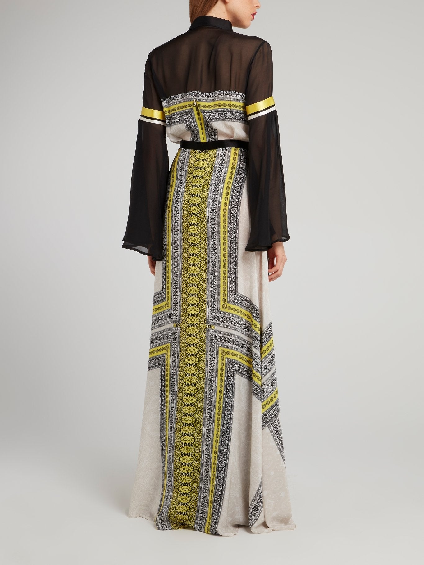 Border Print Mesh Sleeve Maxi Dress