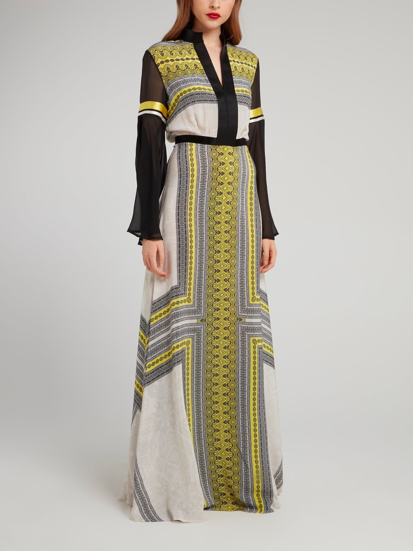 Border Print Mesh Sleeve Maxi Dress