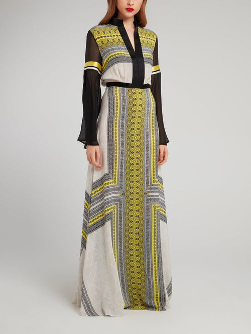 Border Print Mesh Sleeve Maxi Dress