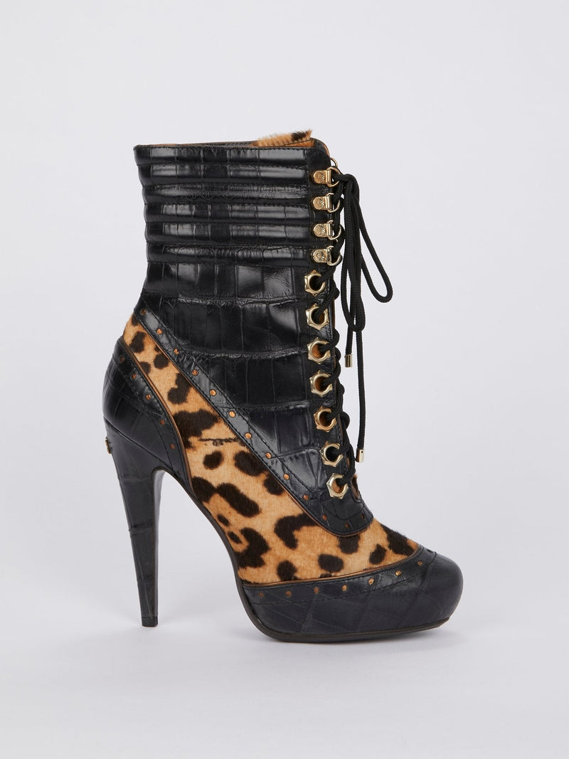 Leopard Print Lace Up Leather Boots