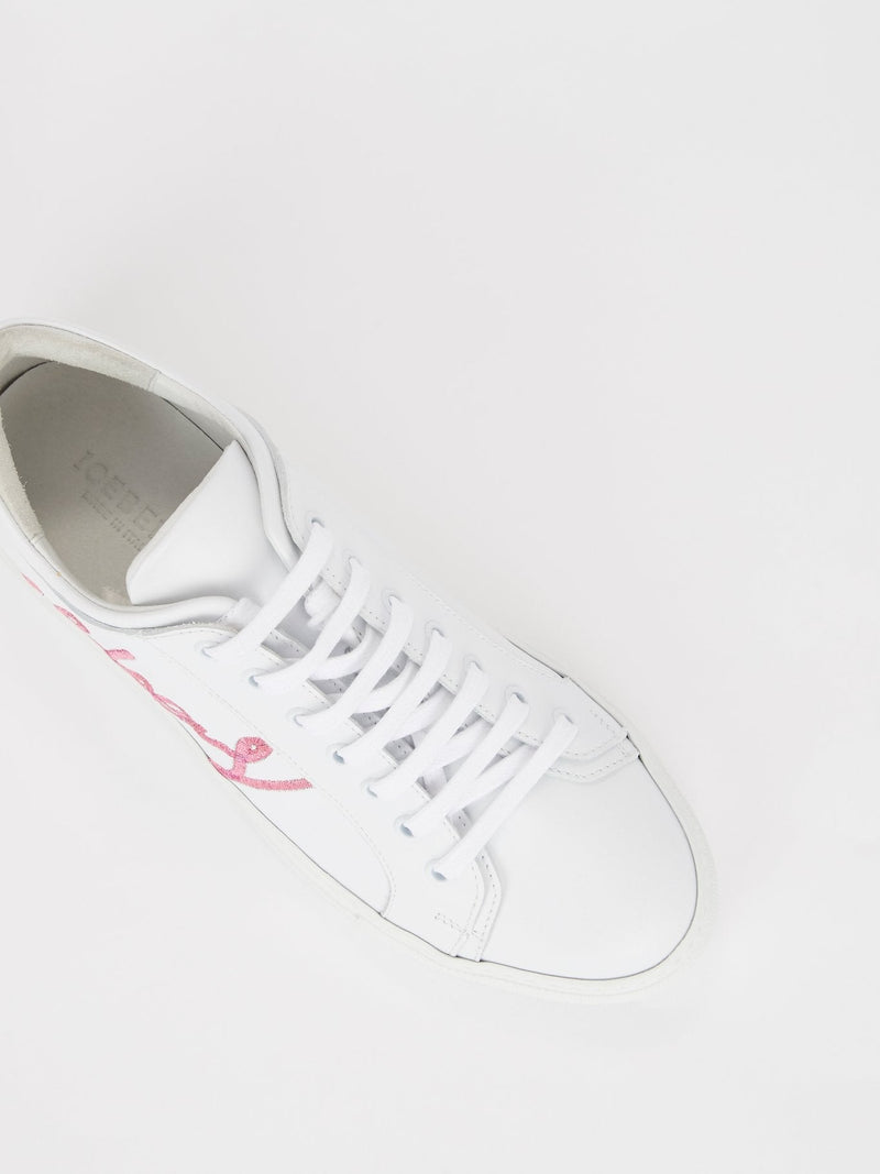 White Logo Embroidered Lace Up Sneakers