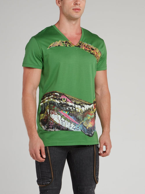 Green Crocodile Print V-Neck Shirt