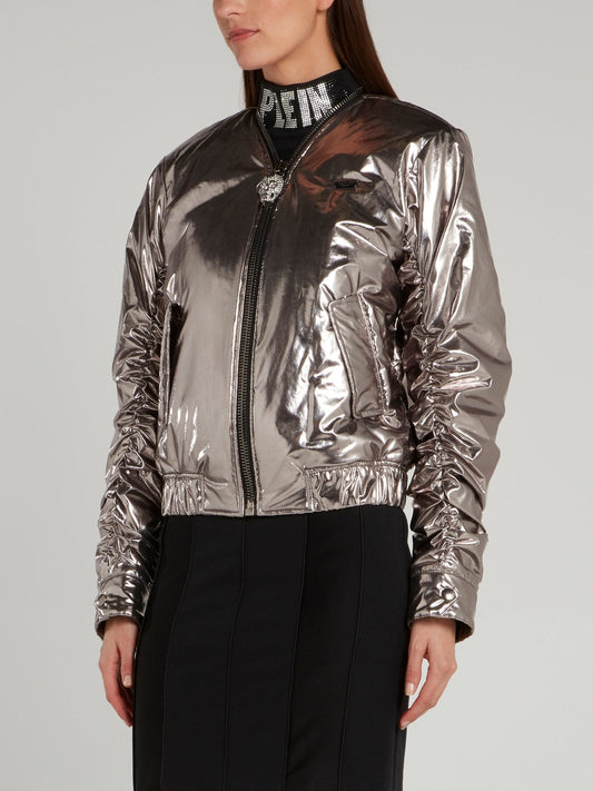 Metallic Ruched Bomber Jacket