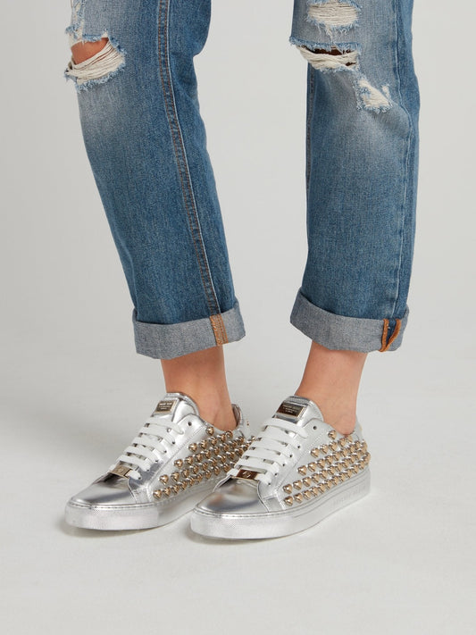 Metallic Heart Studded Lace Up Sneakers