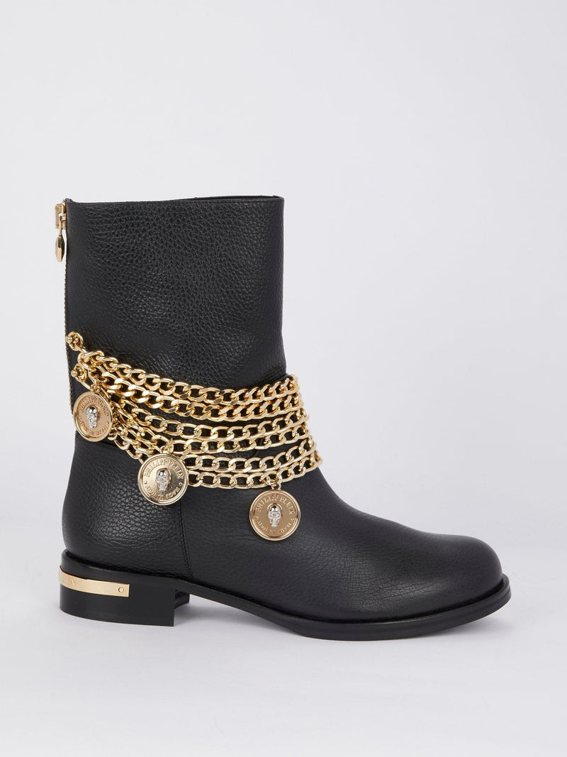 Black With Gold Chain Leather Boots