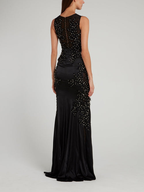 Black Illusion Neckline Embellished Evening Dress