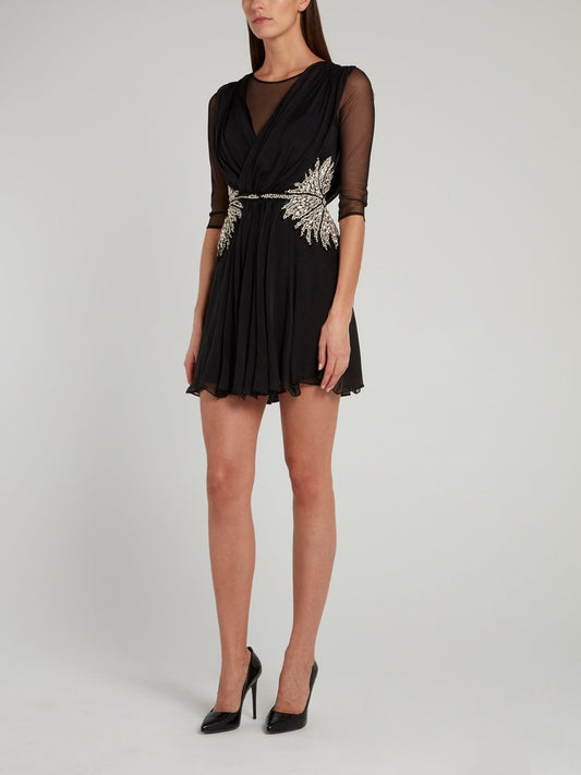 Black Mesh Panel Pleated Mini Dress