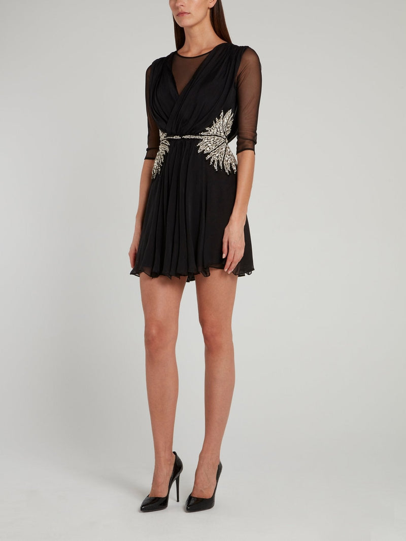 Black Mesh Panel Pleated Mini Dress