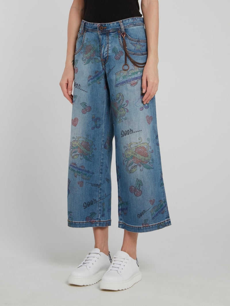 Cropped Printed Wide Leg Jeans