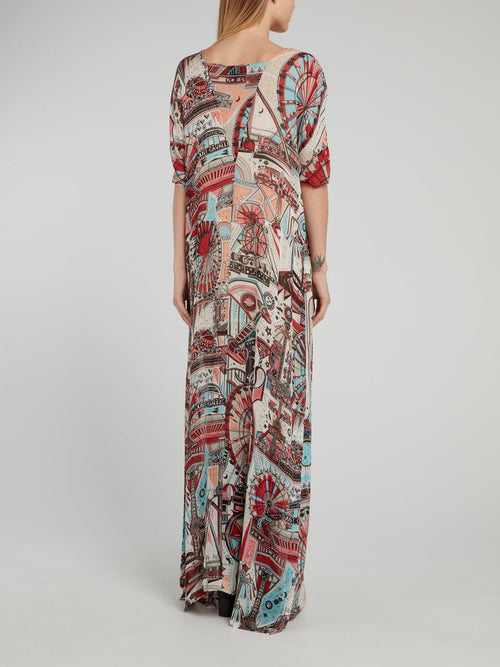 Theme Park Print Ruched Maxi Dress