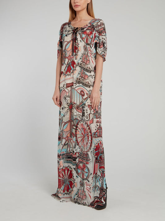 Theme Park Print Ruched Maxi Dress