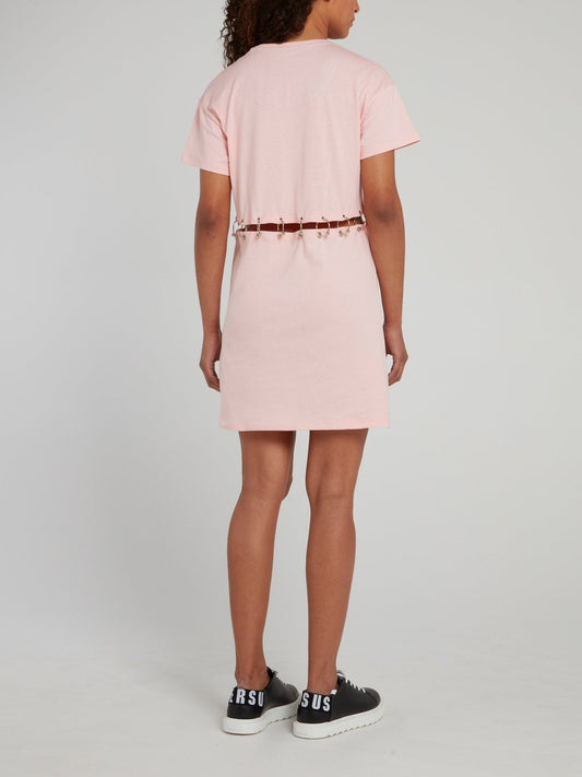 Pink Ring Waist Embellished Graphic T-Shirt Dress