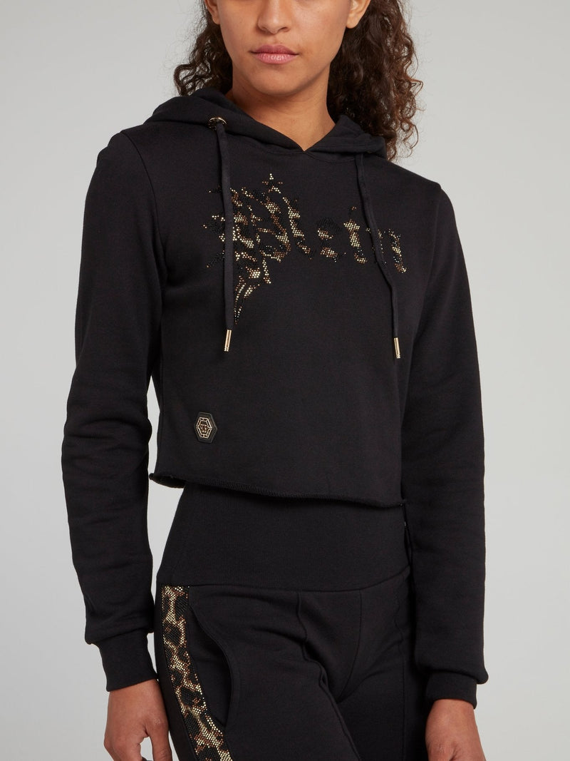 Studded Cropped Drawstring Logo Sweatshirt