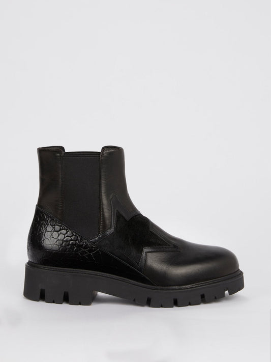 Black Crocodile Panel Leather Boots