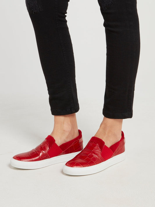 Red Crocodile Effect Slip On Sneakers