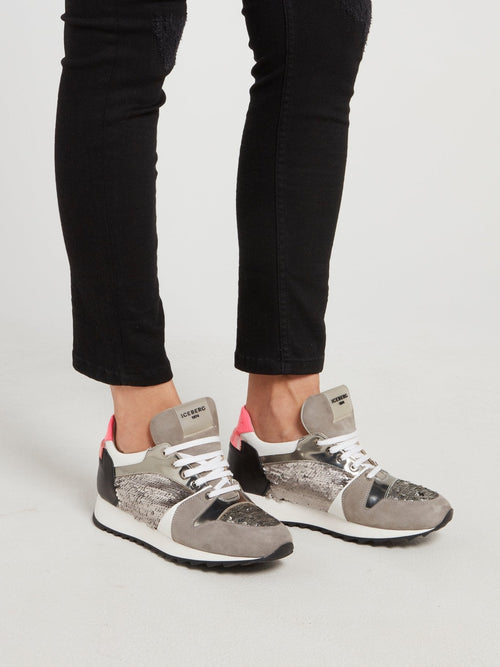 Grey Sequin Embellished Suede Sneakers