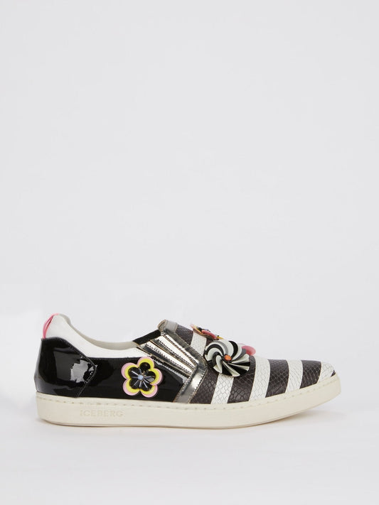 Snake Effect Appliquéd Stripe Sneakers