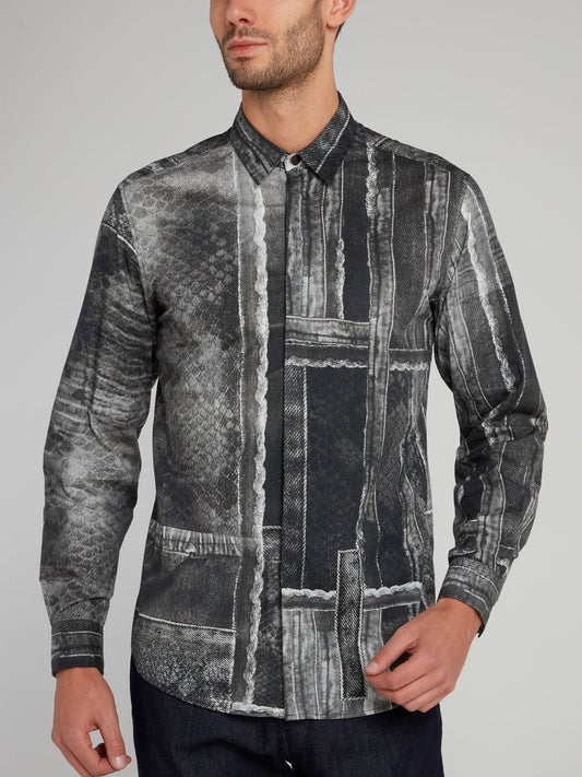 Grey Patch Print Snake Effect Long Sleeve Shirt