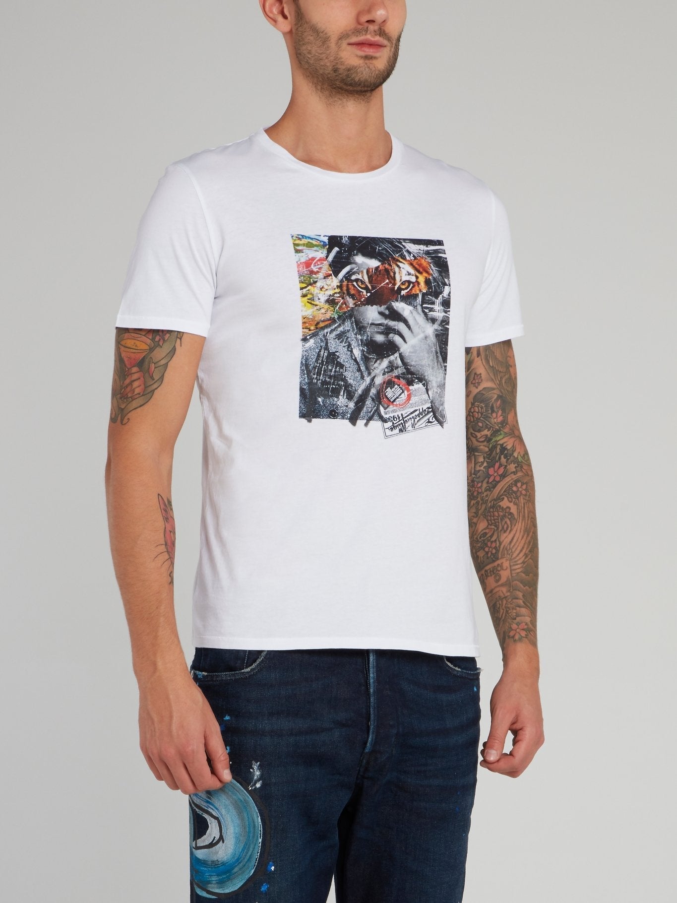 White Collage Print Cotton T-Shirt