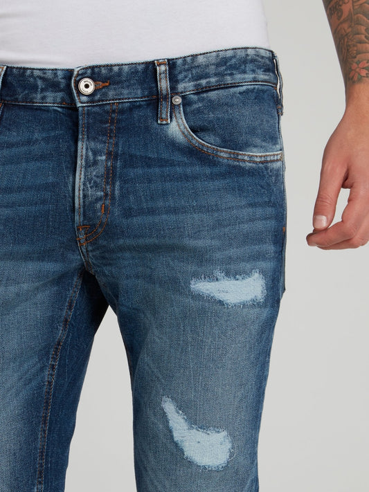 Blue Distressed Slim Fit Denim Jeans