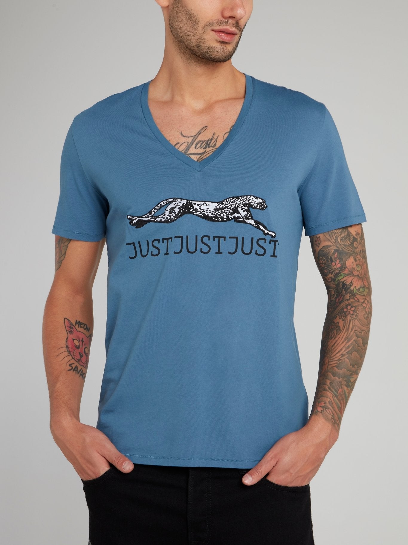 Blue Leopard Print Logo V-Neck T-Shirt