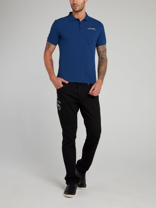 Blue Leopard Logo Cotton Polo Shirt