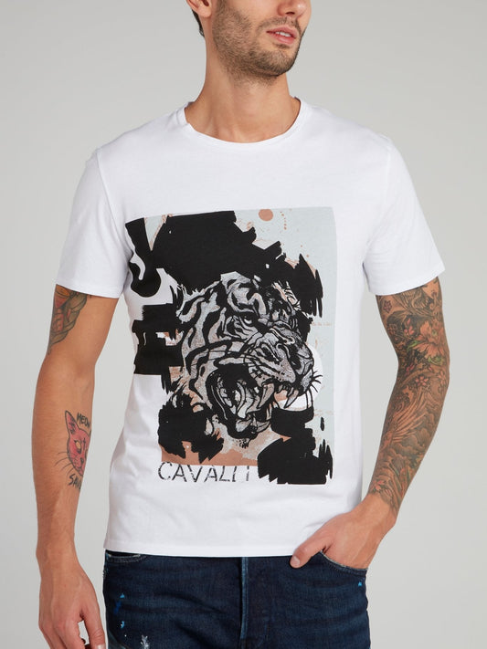 White Tiger Print Cotton T-Shirt