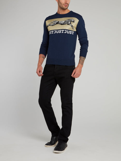 Navy Leopard Logo Crewneck Pullover