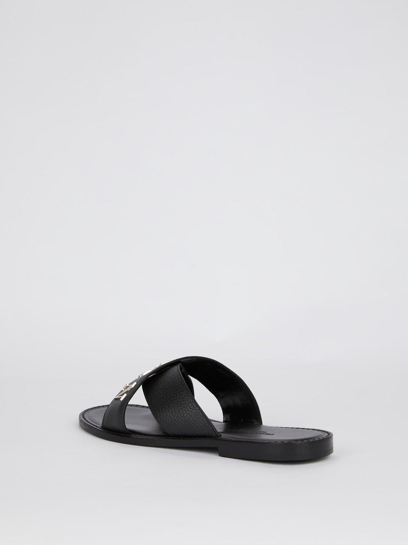 Black Crisscross Logo Leather Slippers