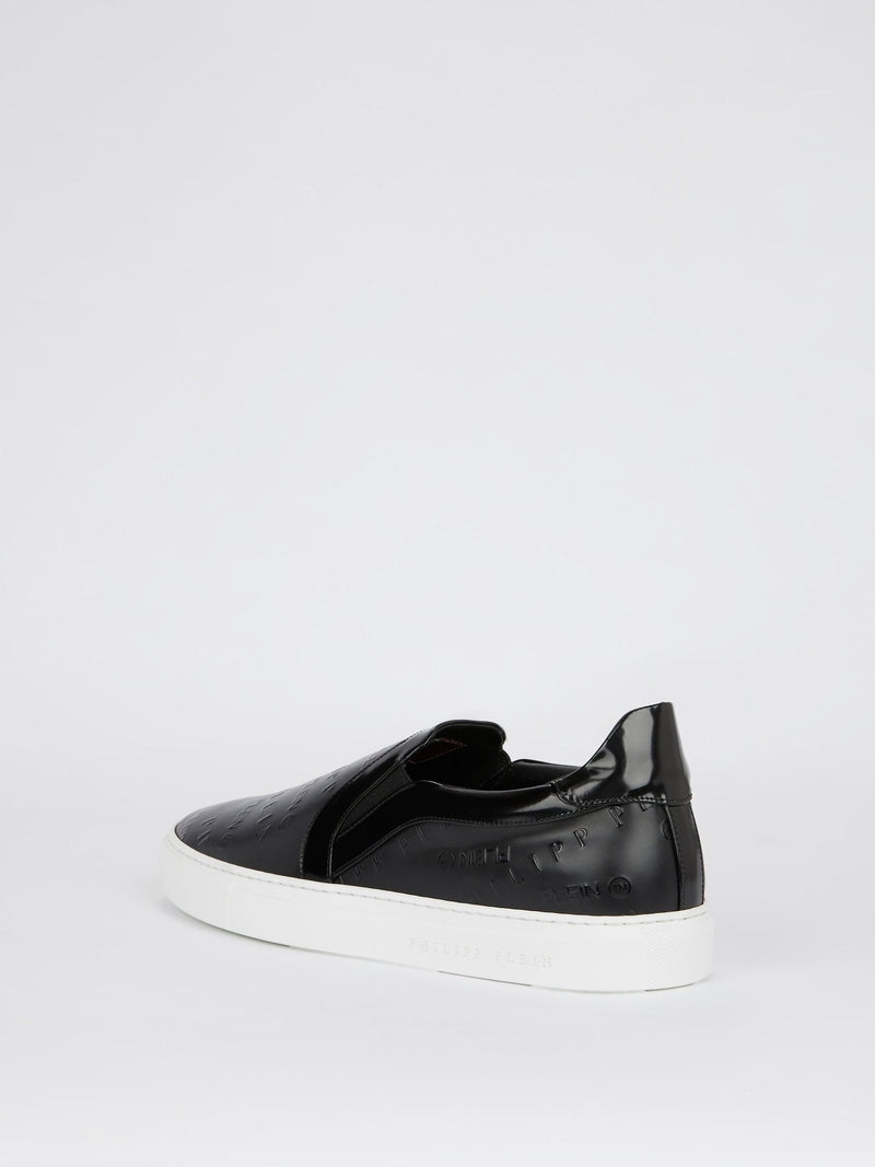 Black Embossed Logo Slip On Sneakers