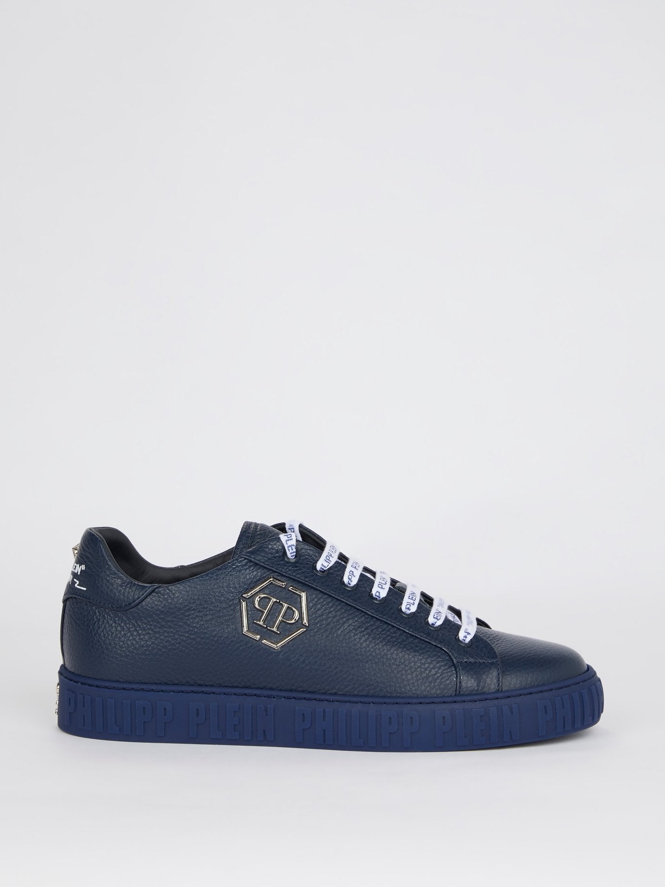 Navy Logo Lace Up Leather Sneakers