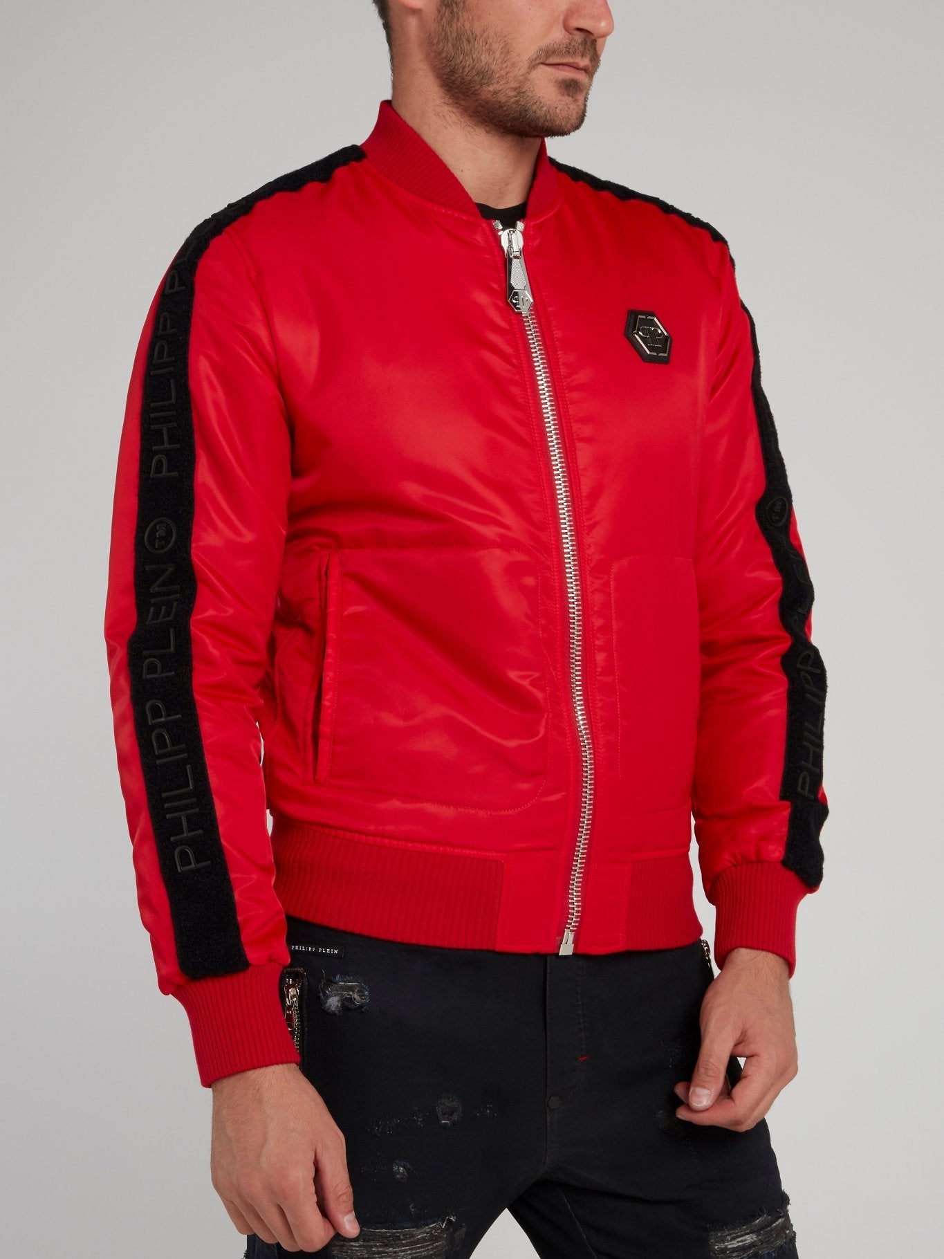 Red Sleeve Stripe Logo Bomber Jacket