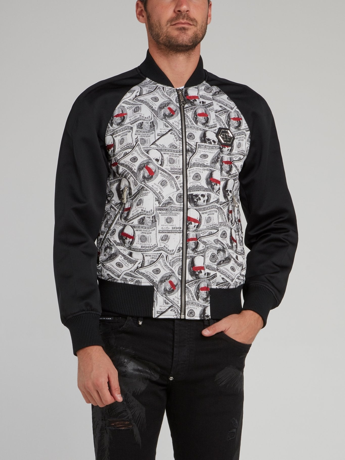 Black Panel Dollar Skull Print Bomber Jacket