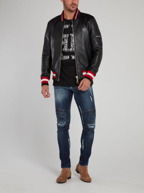 Navy Distressed Slim Fit Biker Jeans