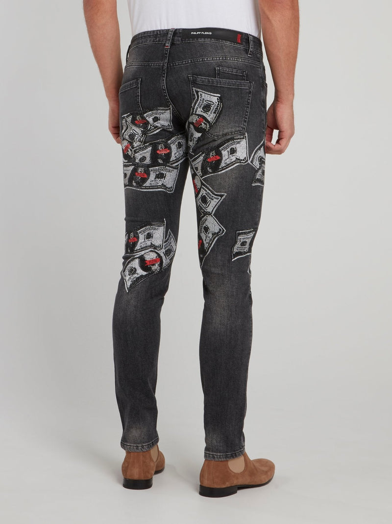 Grey Dollar Skull Slim Fit Jeans