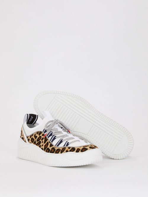 White Leopard Panel Lace Up Sneakers