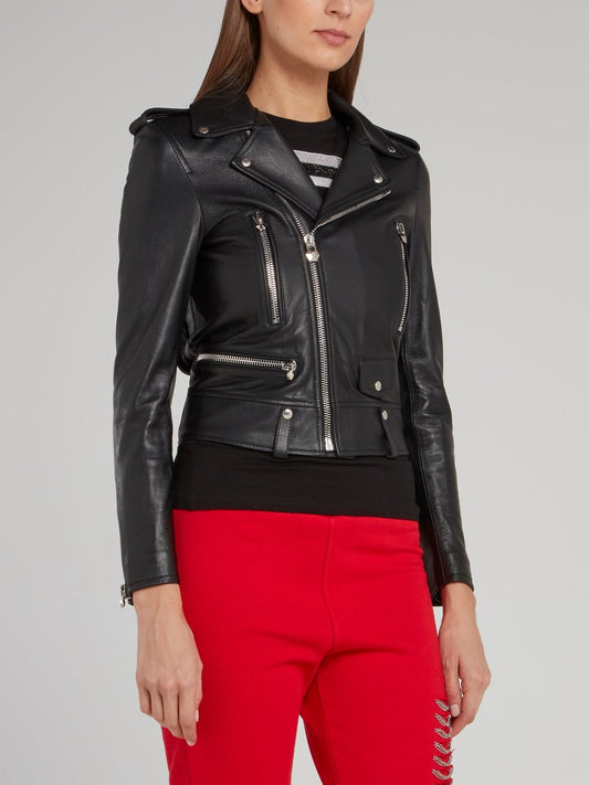 Black Cropped Leather Biker Jacket