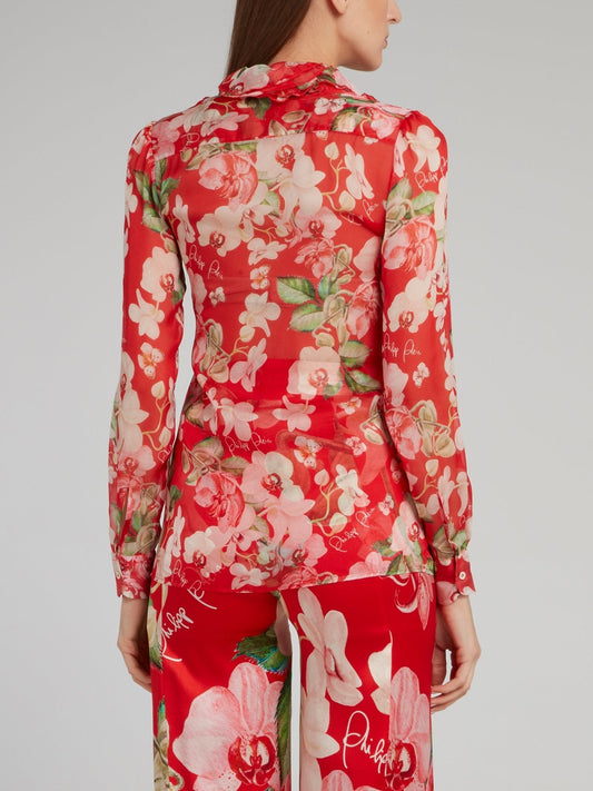 Red Floral Cascade Ruffle Blouse