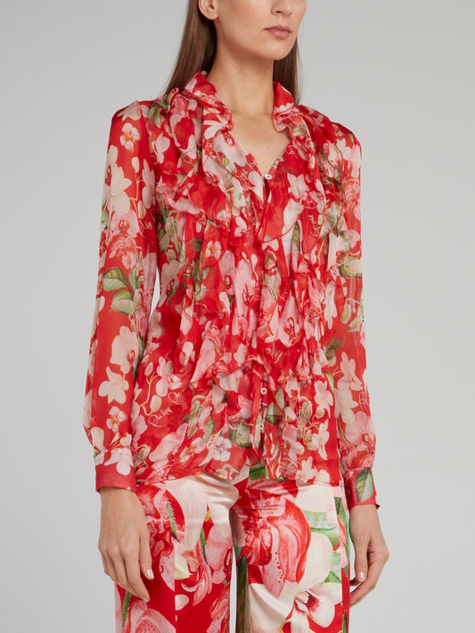 Red Floral Cascade Ruffle Blouse