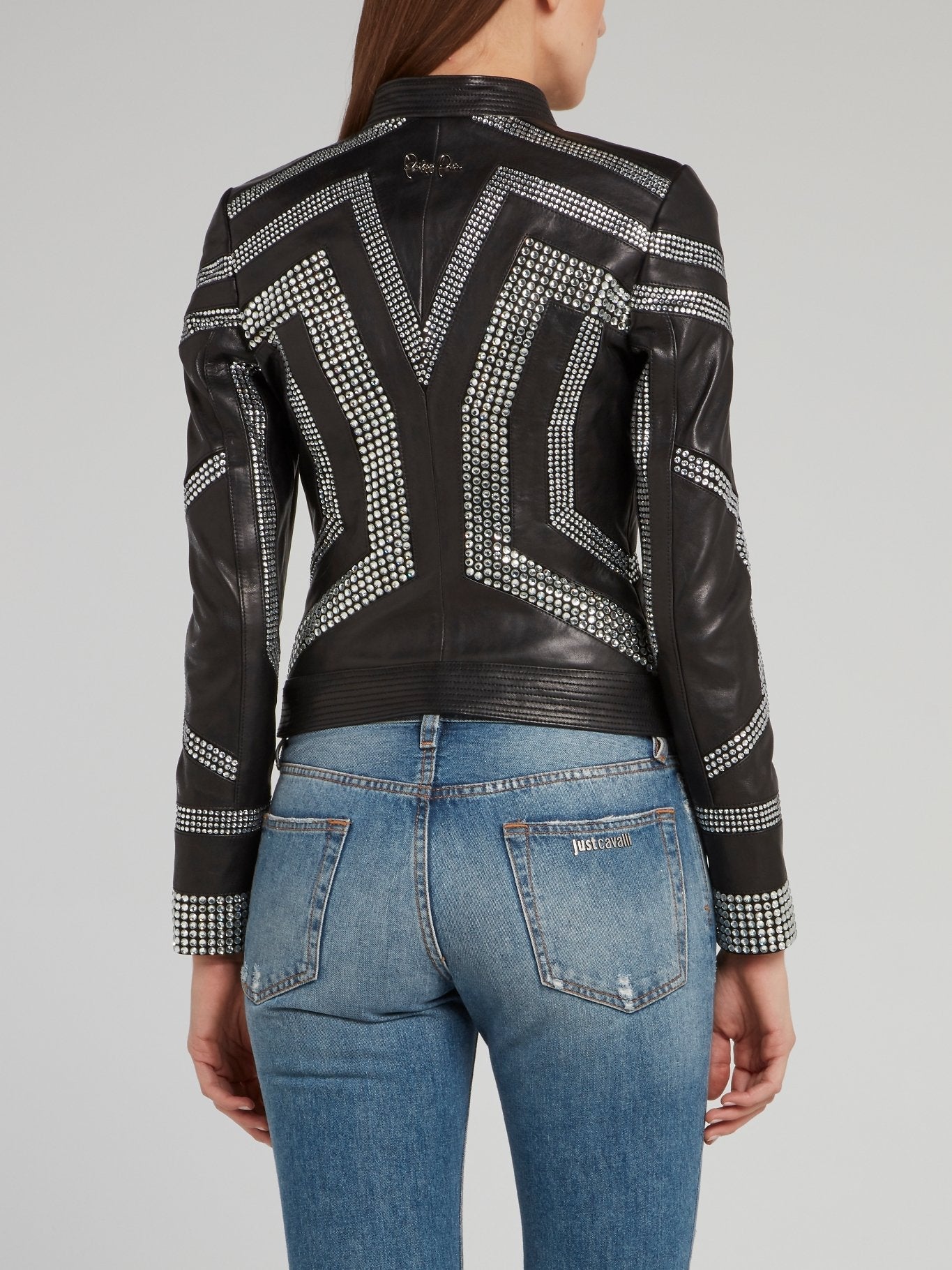 Black Studded Geometric Leather Jacket