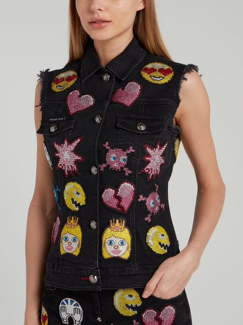 Black Embroidered Emoji Frayed Denim Gilet