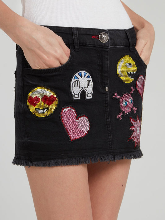 Black Embroidered Emoji Frayed Denim Skirt