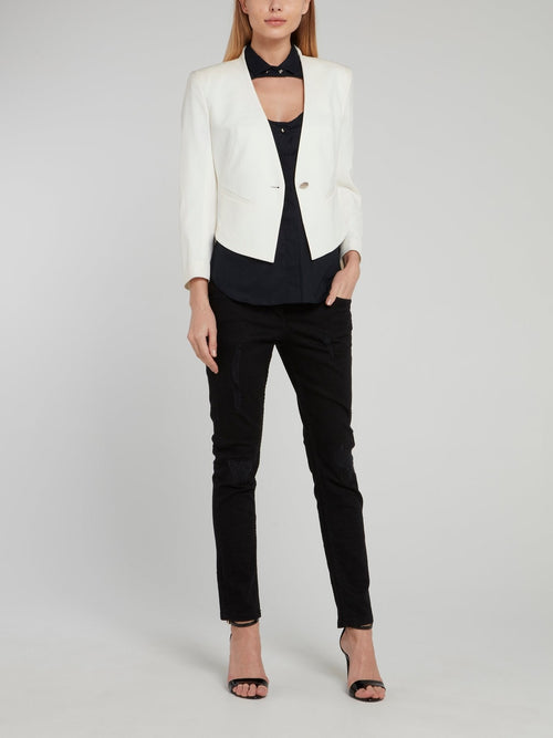 White Collarless Cropped Blazer