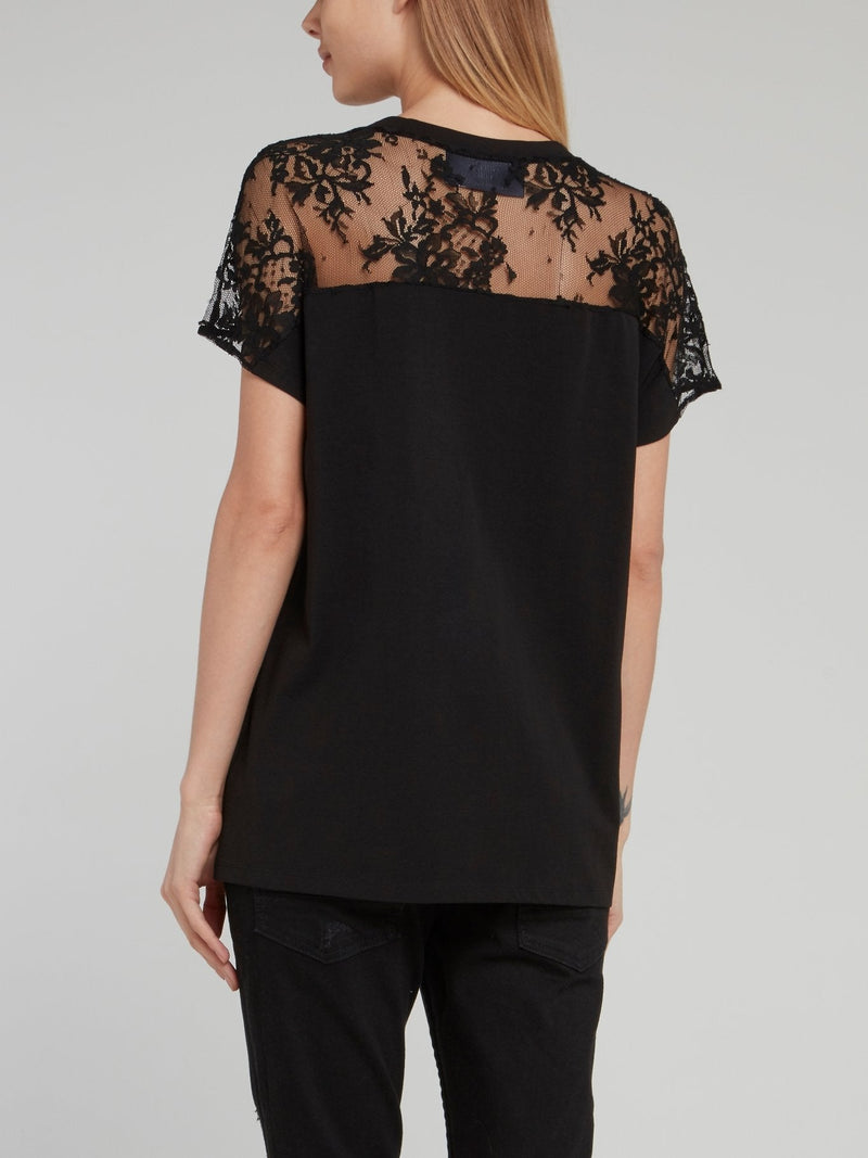 Black Embellished Mesh Panel Top