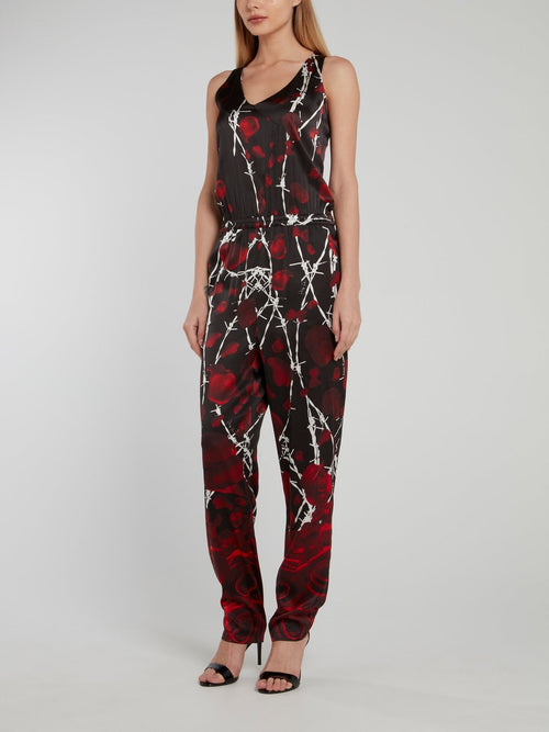 Black Rose Print Back Slit Jumpsuit