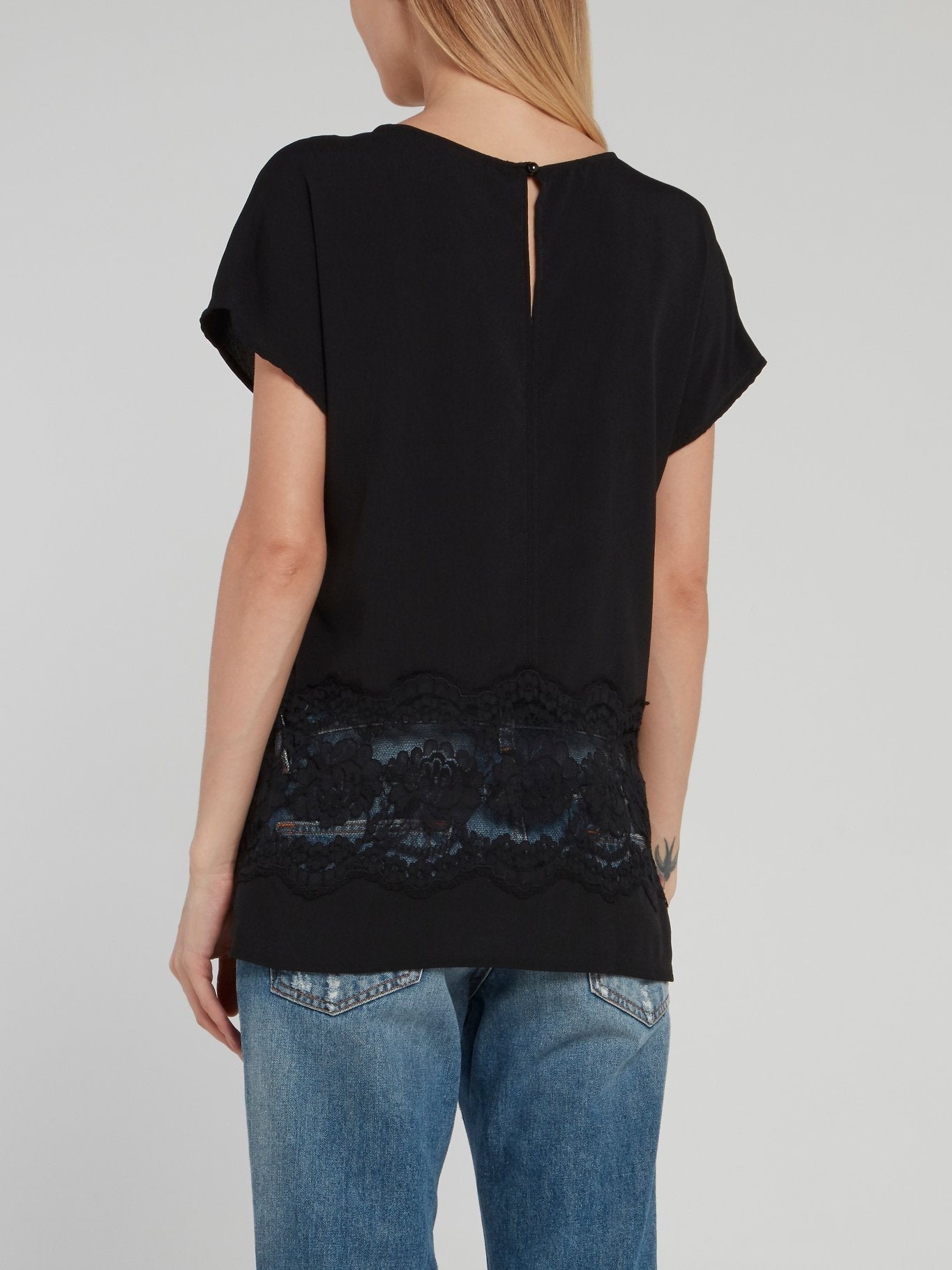 Black Studded Lace Panel Shirt