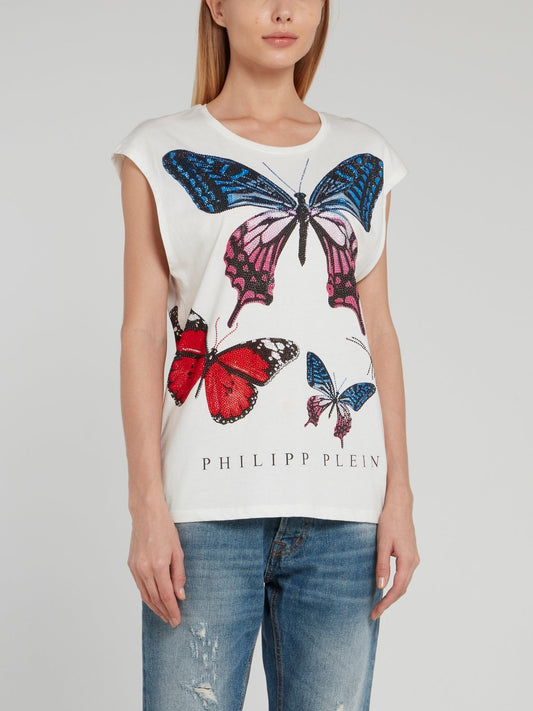 White Studded Butterfly Cap Sleeve Shirt