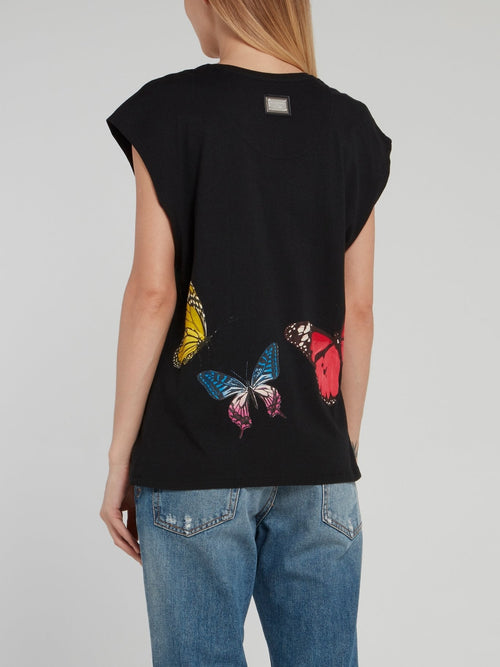 Black Studded Butterfly Cap Sleeve Shirt